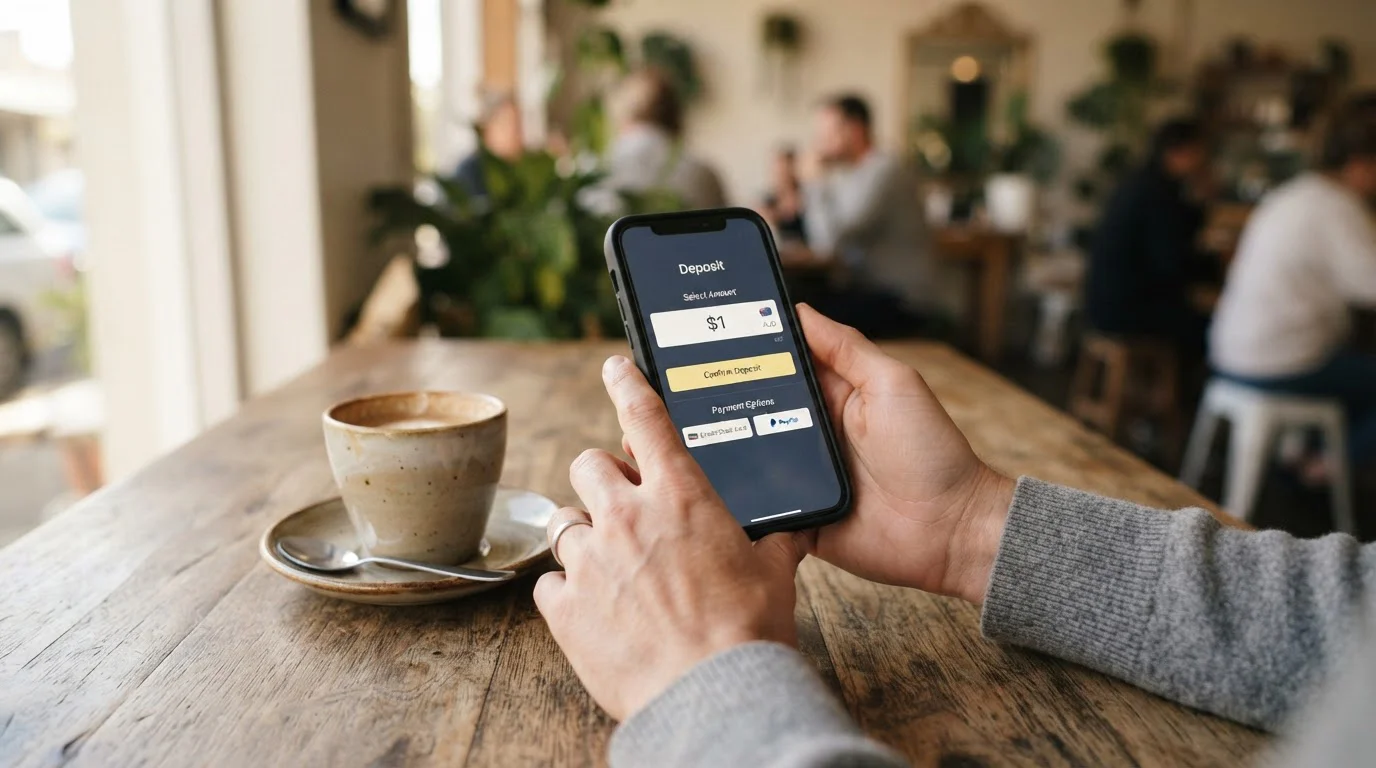Australian player holding smartphone with $1 casino deposit on screen at cafe table