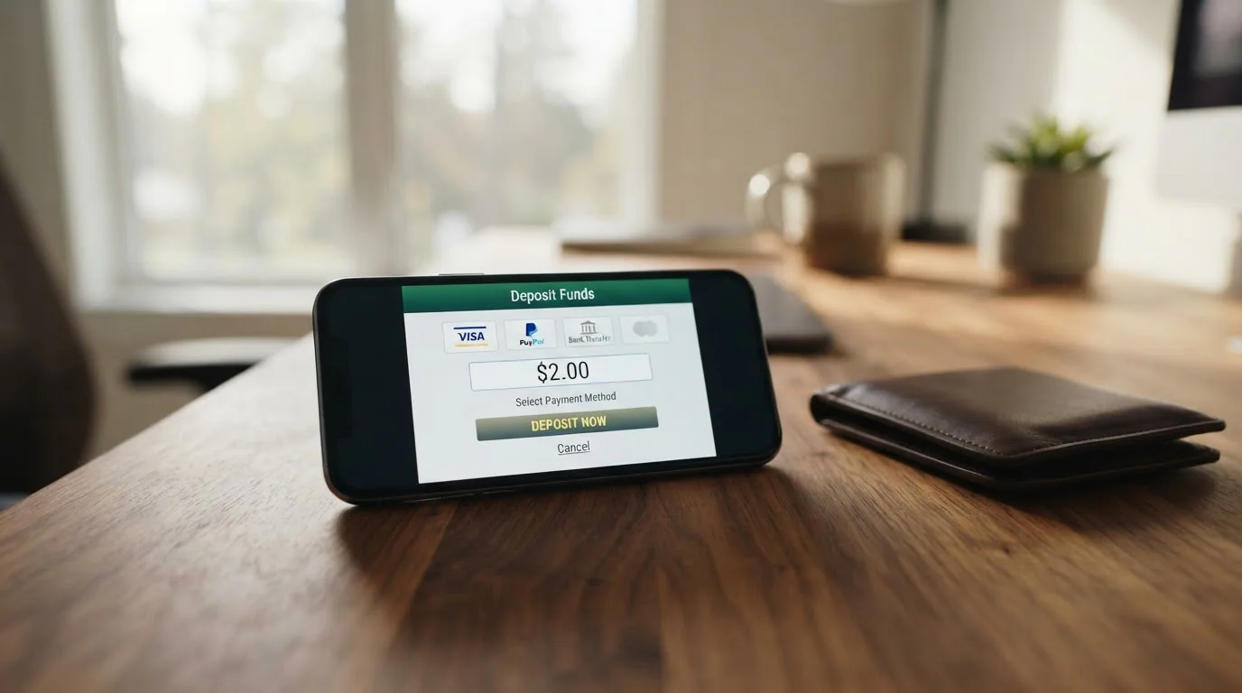 Mobile phone showing casino deposit screen with $2 amount on wooden desk