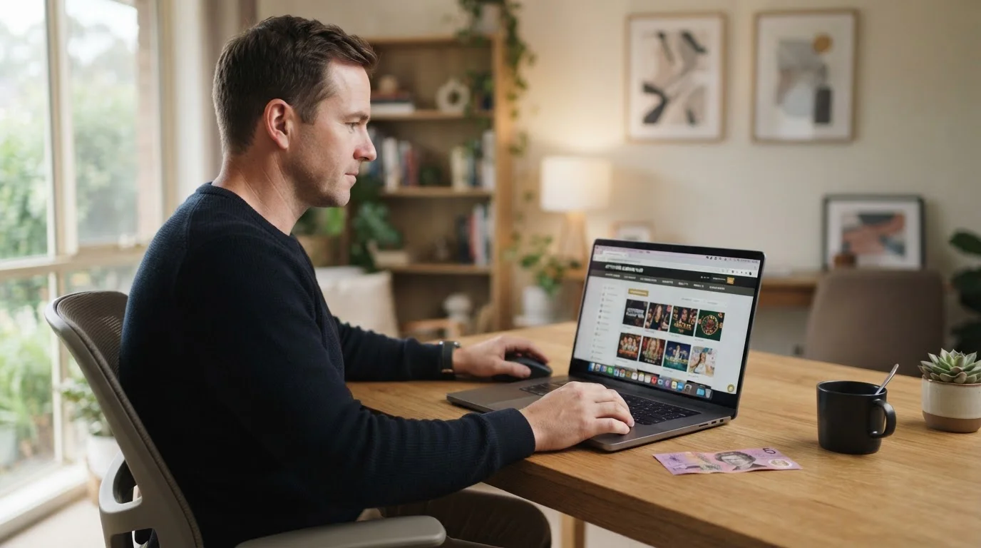 Australian player reviewing offshore casino options on laptop with $5 note visible