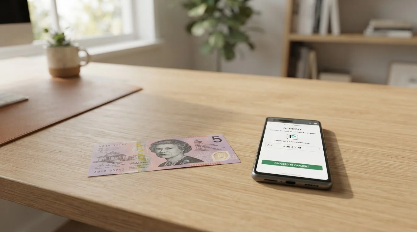 Australian five-dollar note on clean desk with smartphone showing casino cashier screen