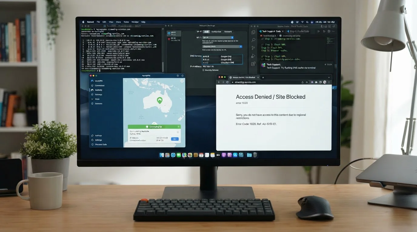 Desktop showing VPN connection interface, alternative DNS settings, and blocked website access message