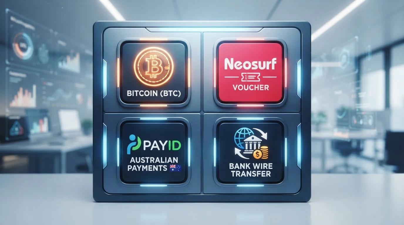 Alternative payment methods showing cryptocurrency Bitcoin Neosurf voucher PayID and bank transfer icons
