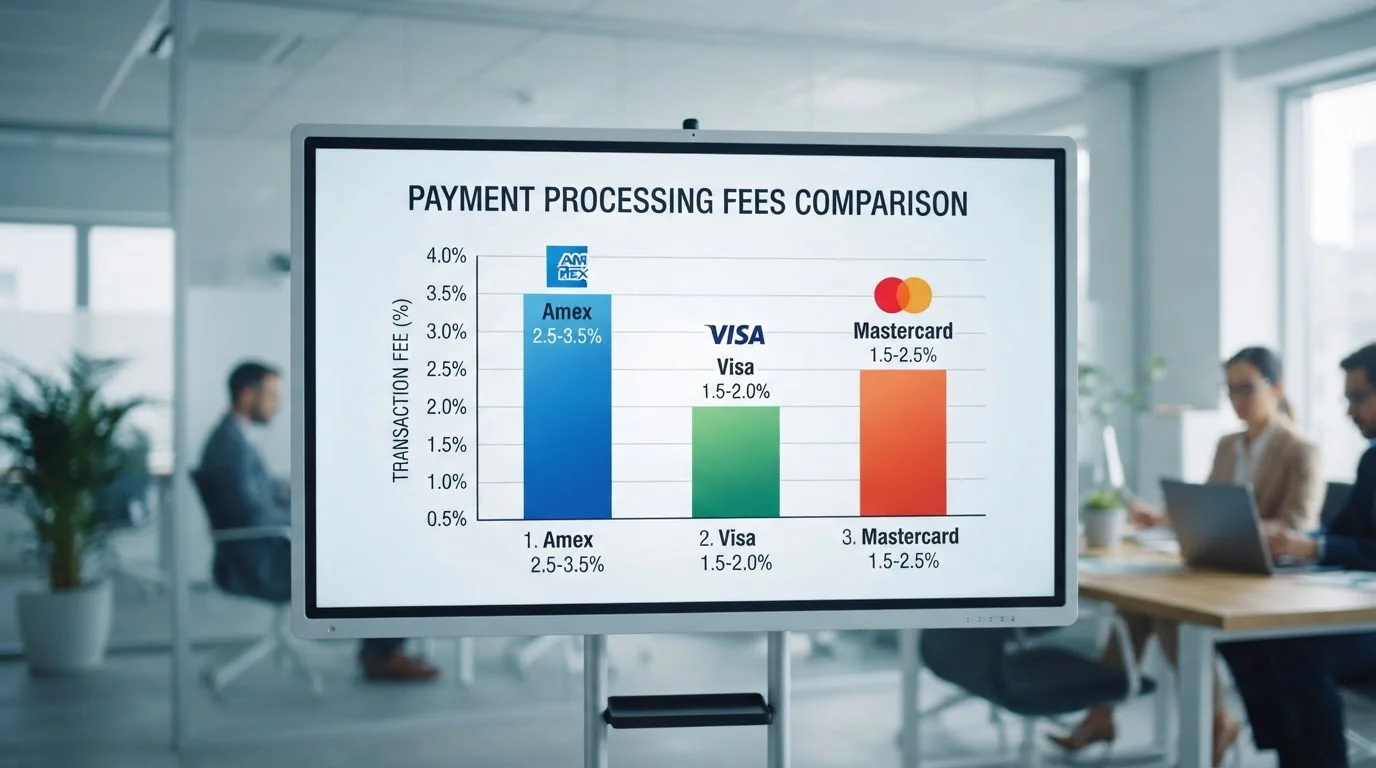 Diagram showing payment processing fee comparison between Amex Visa and Mastercard