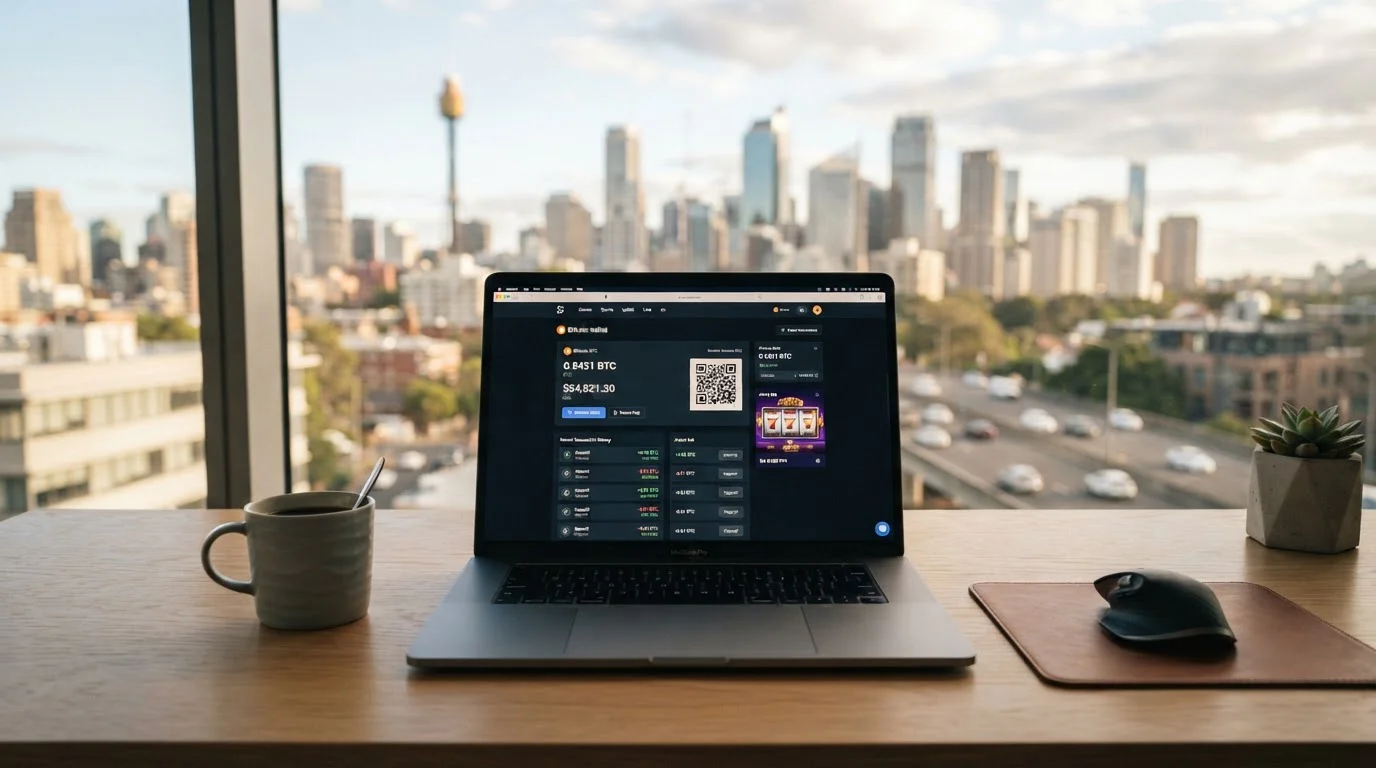 Anonymous crypto casino platforms on laptop screen with Bitcoin wallet interface