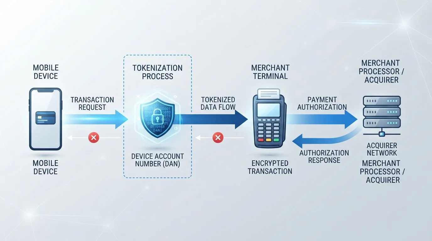 Technical diagram showing Apple Pay tokenization flow with Device Account Number and merchant processor