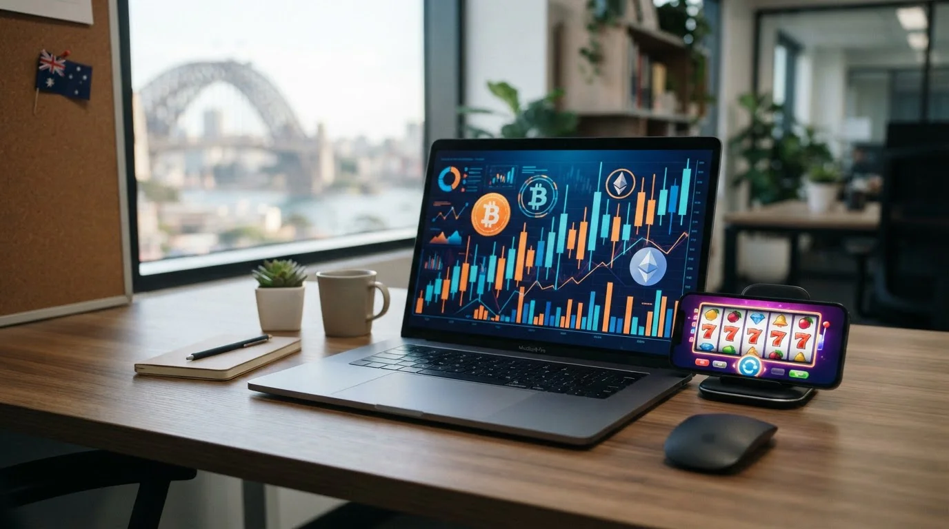 Aussie crypto casino setup with laptop and cryptocurrency symbols