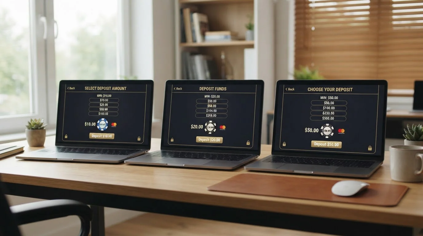 Tiered display showing casino cashier screens with deposit minimums from A$5 to A$100