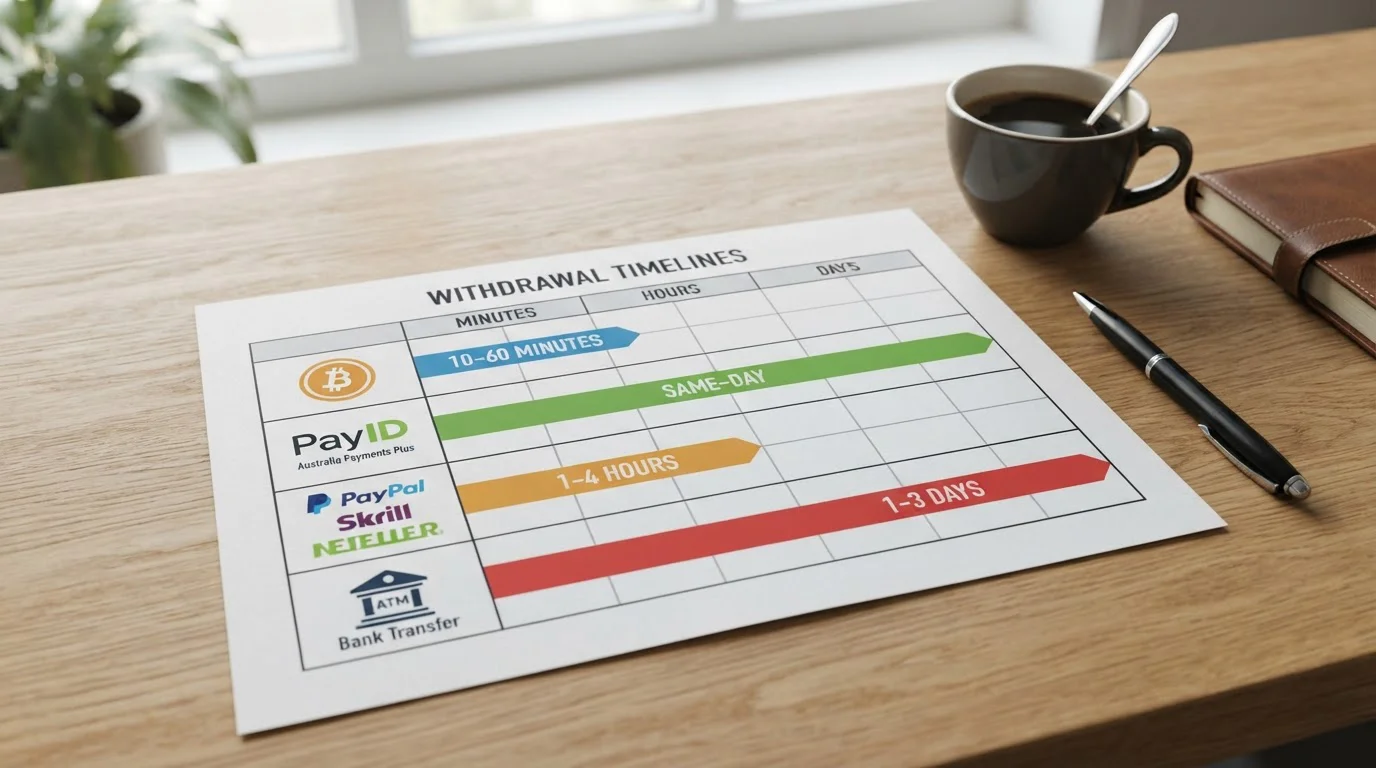 Casino withdrawal speed comparison chart with crypto and PayID timelines
