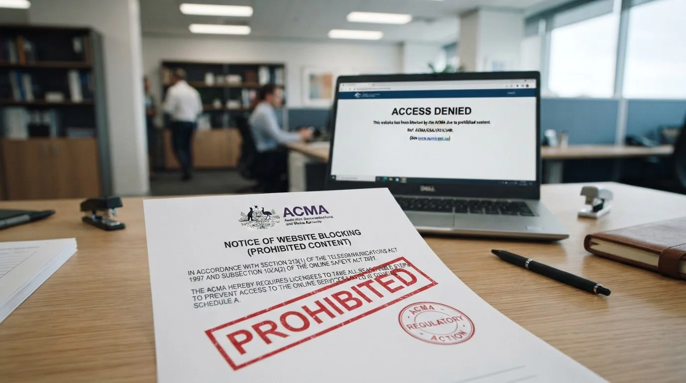 Legal document with ACMA seal and blocked site list on computer screen