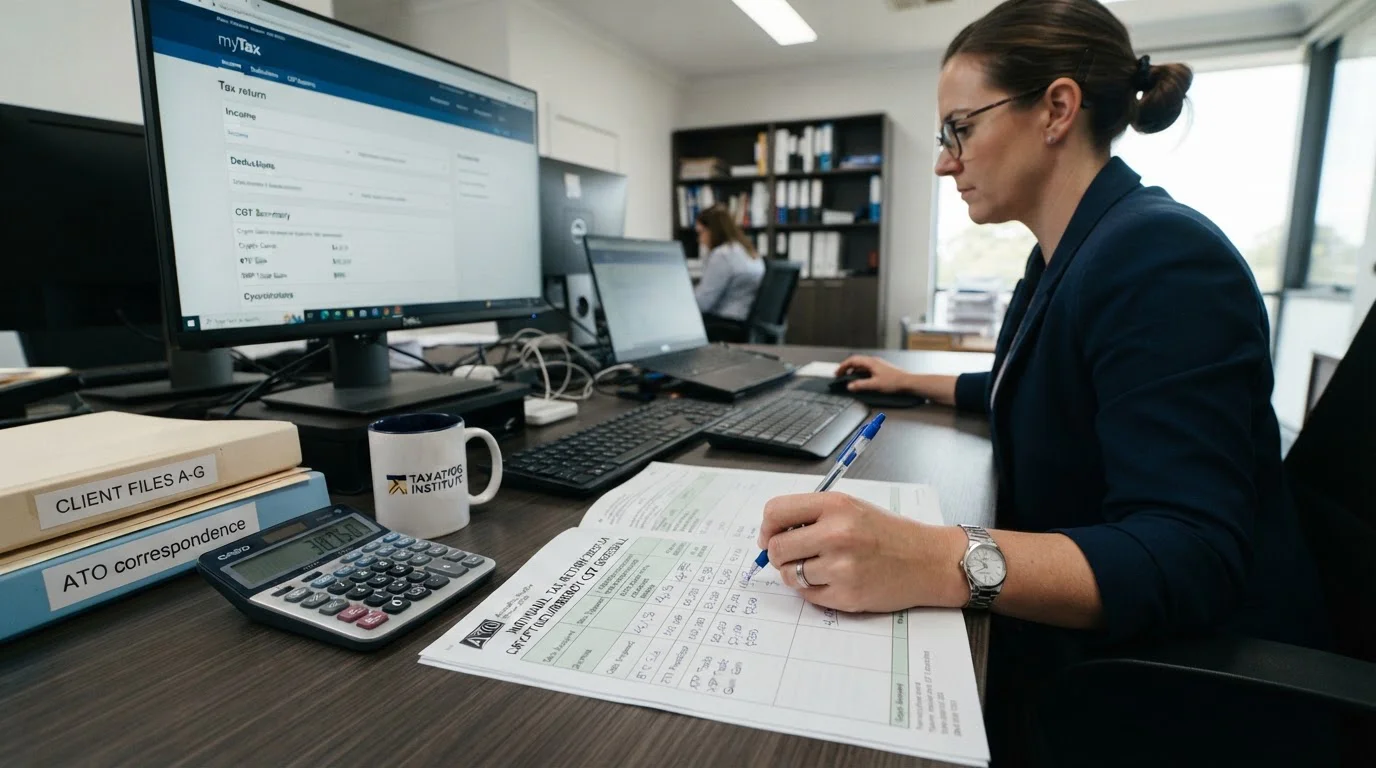 Tax document with CGT calculation worksheet and ATO logo