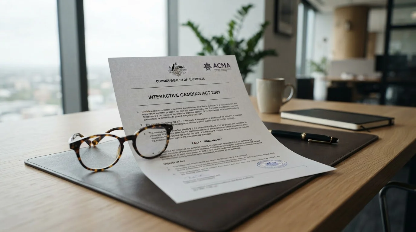 Interactive Gambling Act document with ACMA enforcement notice and legal text on desk
