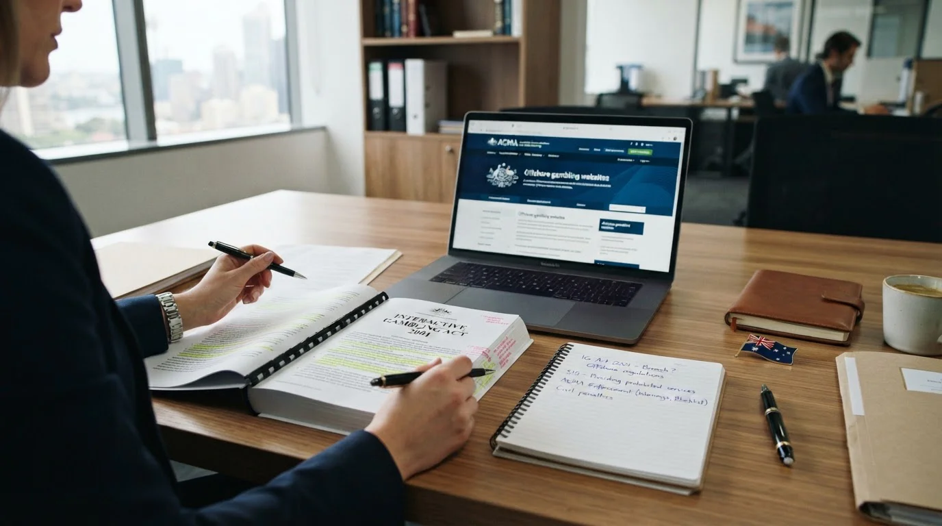 Australian legal documents and laptop showing offshore casino regulations