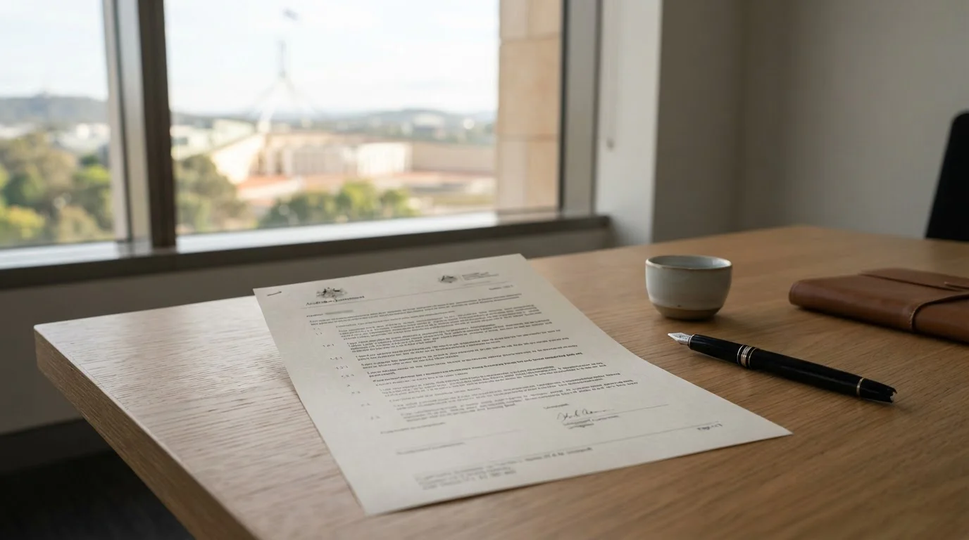 Australian government building with legal document overlay showing IGA 2001 regulatory framework