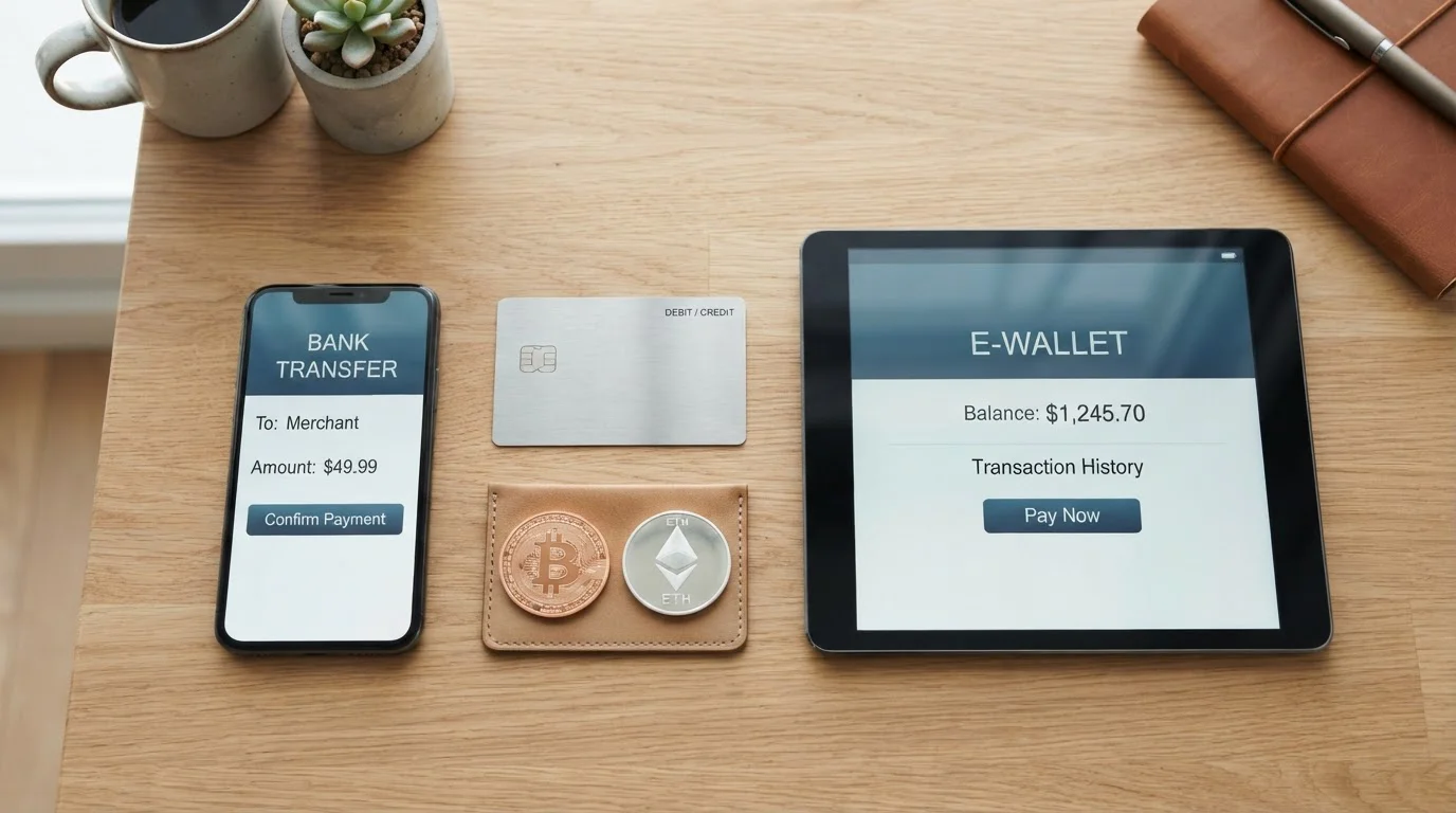 Visual comparison of PayID, cryptocurrency, e-wallets, and card payment methods with deposit threshold indicators