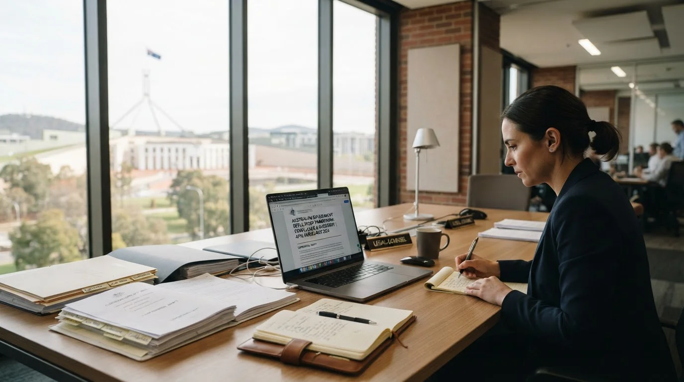 Professional desk with legal documents and laptop showing regulatory information