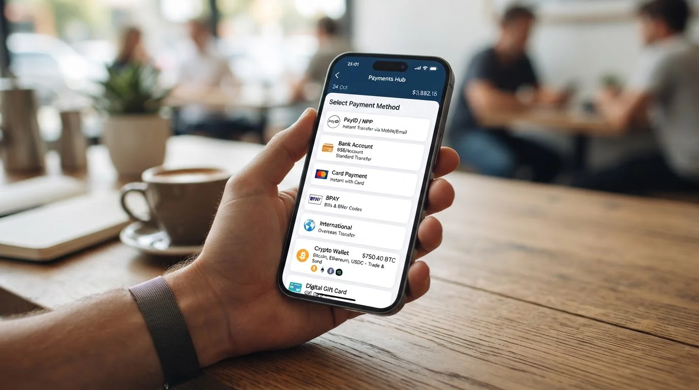 Smartphone showing Australian banking app with multiple payment method options including PayID and crypto