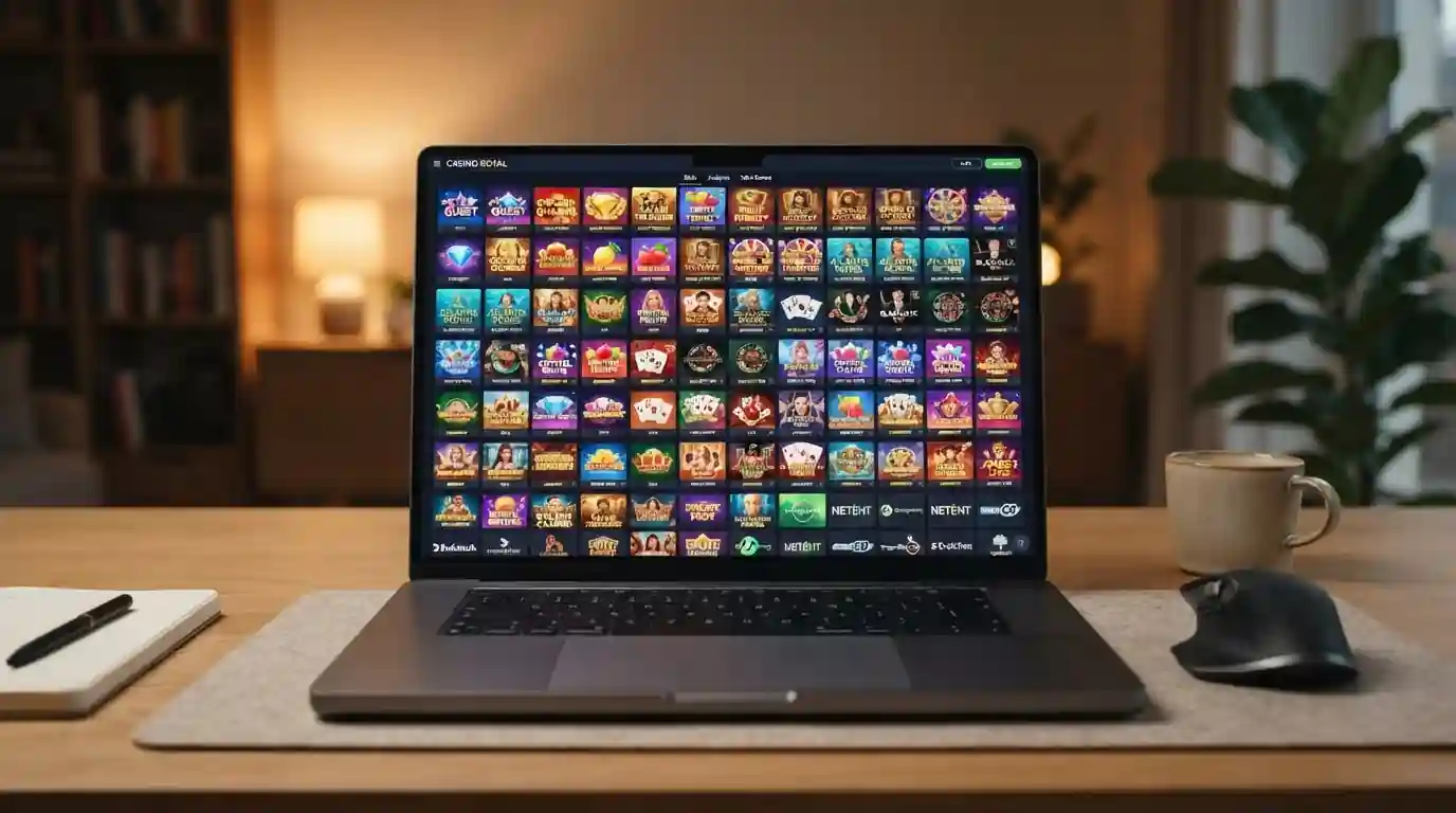 Laptop screen displaying pokies game selection with provider logos and game thumbnails