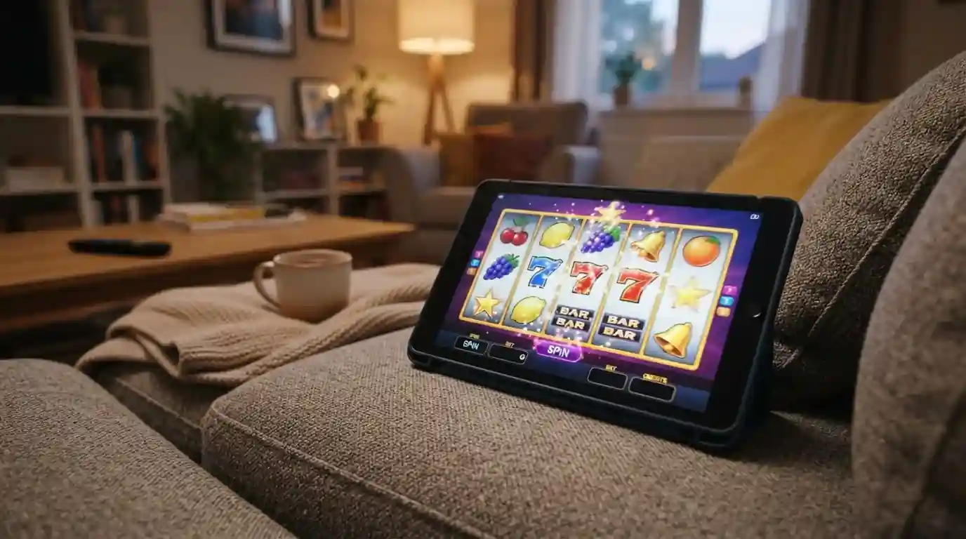Tablet displaying generic slot machine reels with colorful abstract symbols