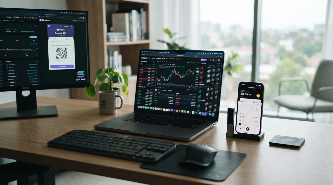 Clean desk workspace showing Australian banking app on phone, crypto exchange interface on laptop, and Phantom wallet QR code