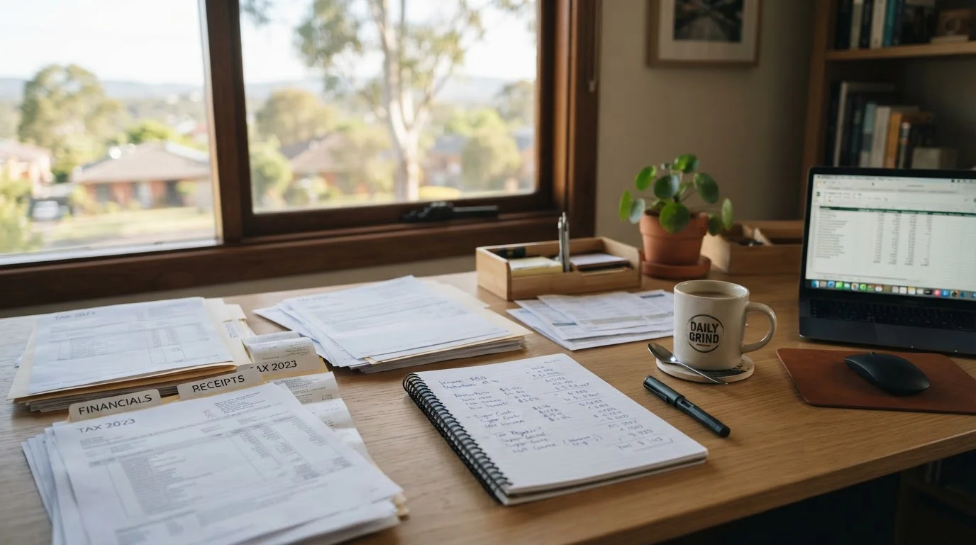 Desktop with tax documents, handwritten calculations notebook and coffee cup