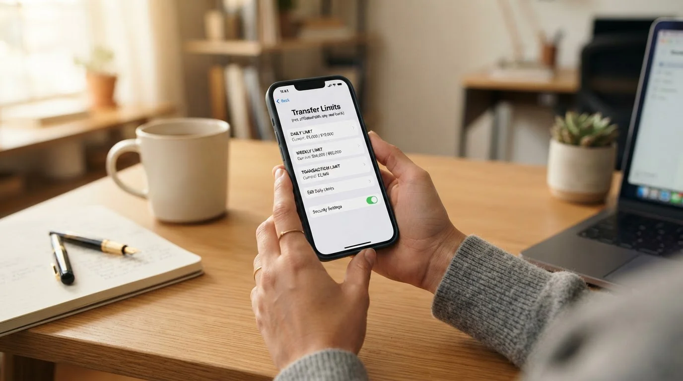 Smartphone showing banking app daily transfer limit settings