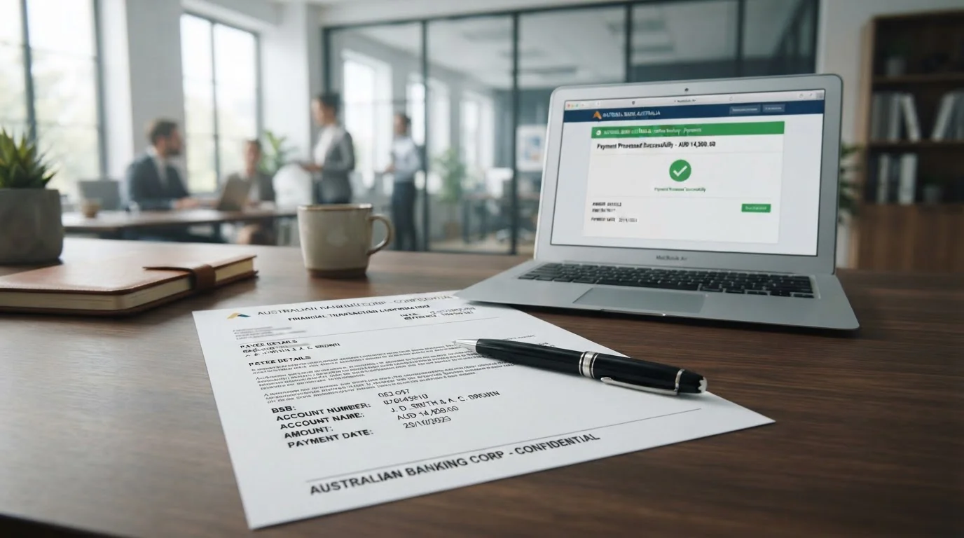 Clean desk with bank transfer document showing BSB and account details, laptop with banking interface