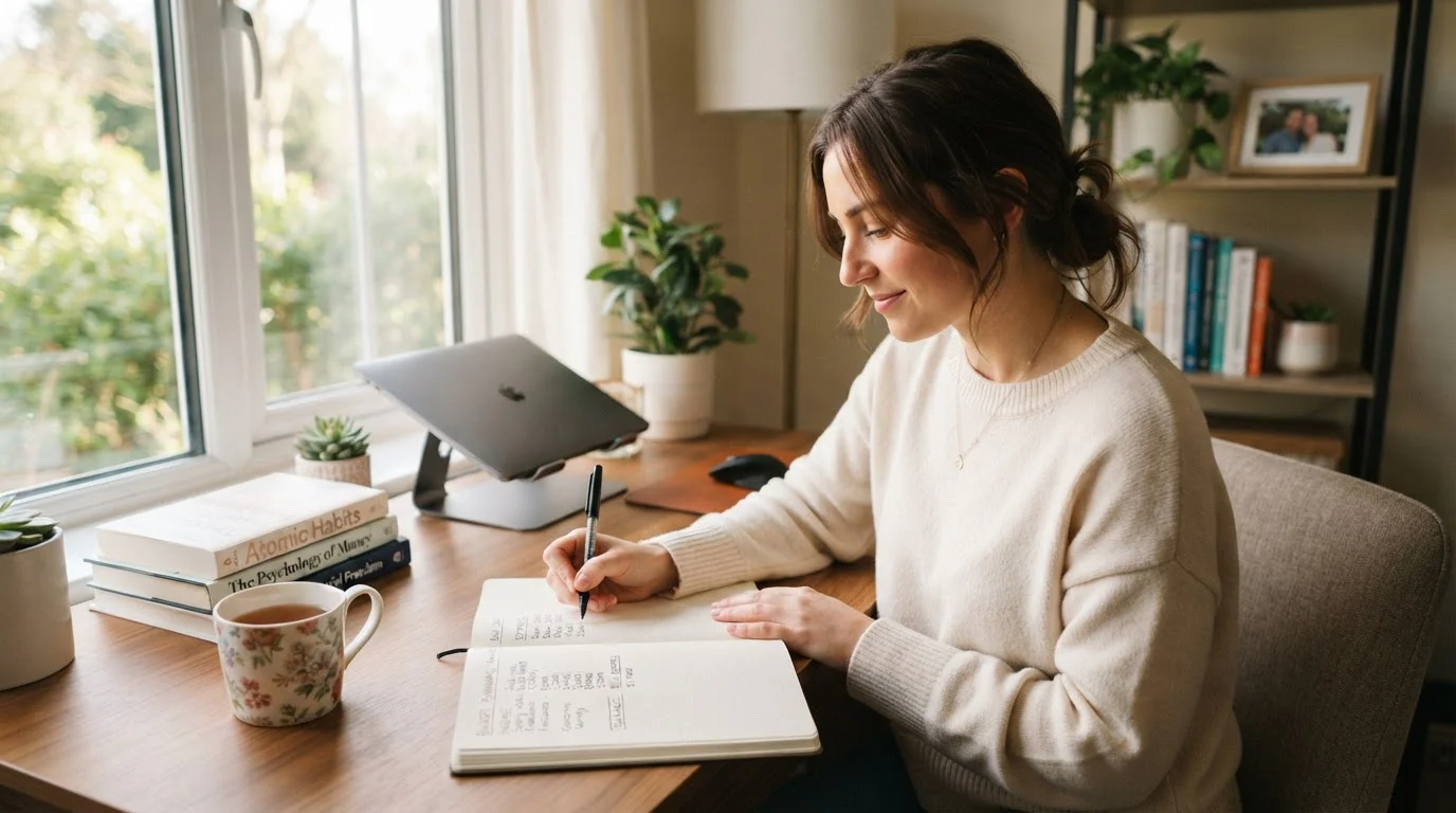 Person managing gambling budget with notepad and bankroll strategy