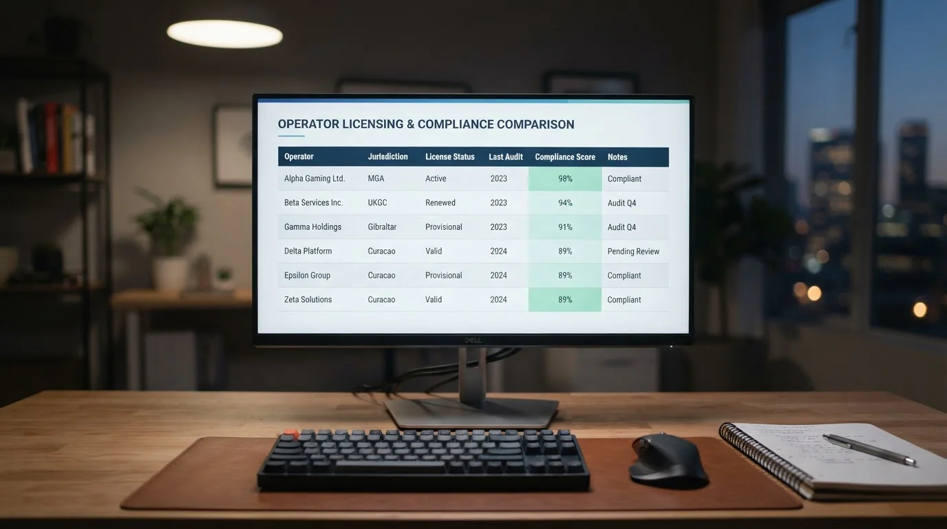 Comparison table of Bitcoin Cash casino operators displayed on desktop screen