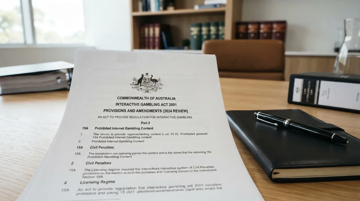 Australian legal document showing Interactive Gambling Act provisions on desk