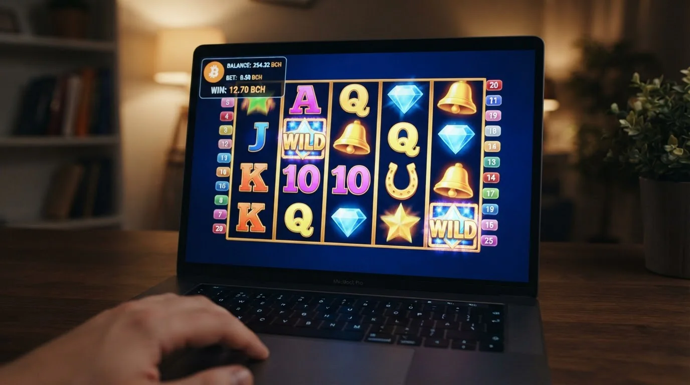 Modern pokies game interface showing Bitcoin Cash balance and gameplay