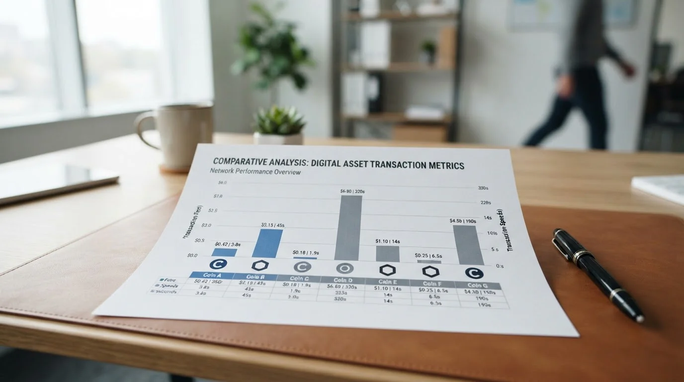 Side-by-side comparison of cryptocurrency transaction fees and speeds on clean chart