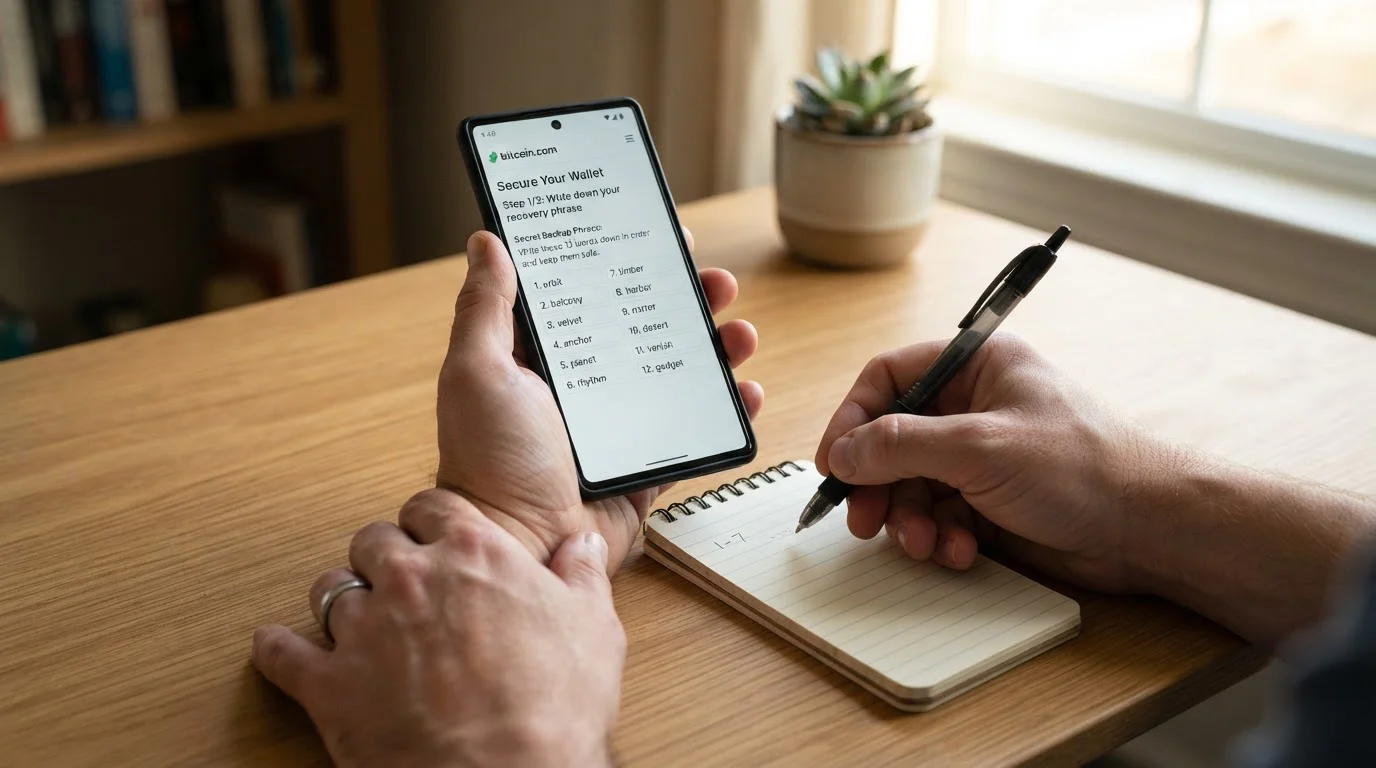 Person setting up Bitcoin Cash wallet on smartphone with security features visible