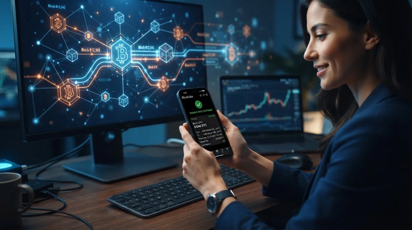 Bitcoin blockchain transaction confirming on mobile screen