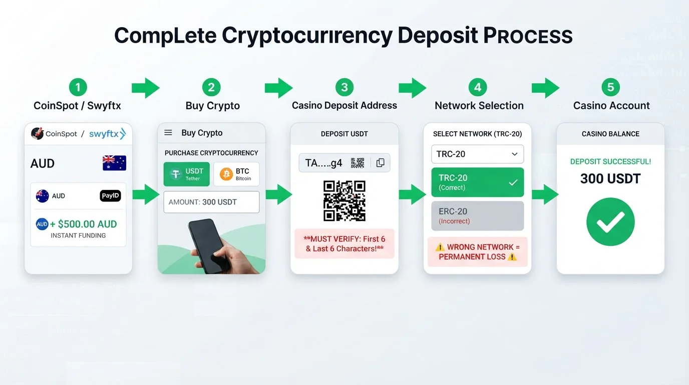 Step-by-step flow diagram showing crypto deposit process from exchange to casino