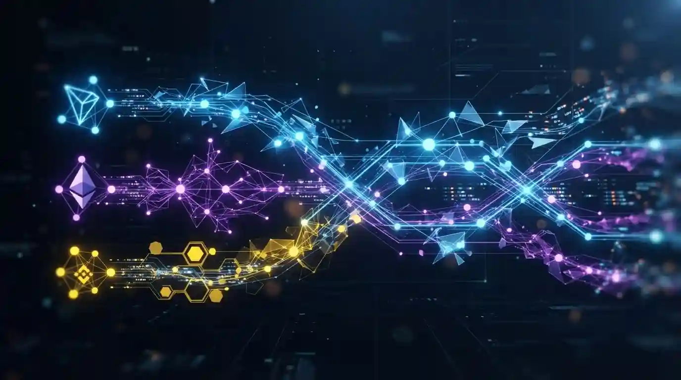 Abstract visualization of three blockchain network pathways in blue, purple and yellow