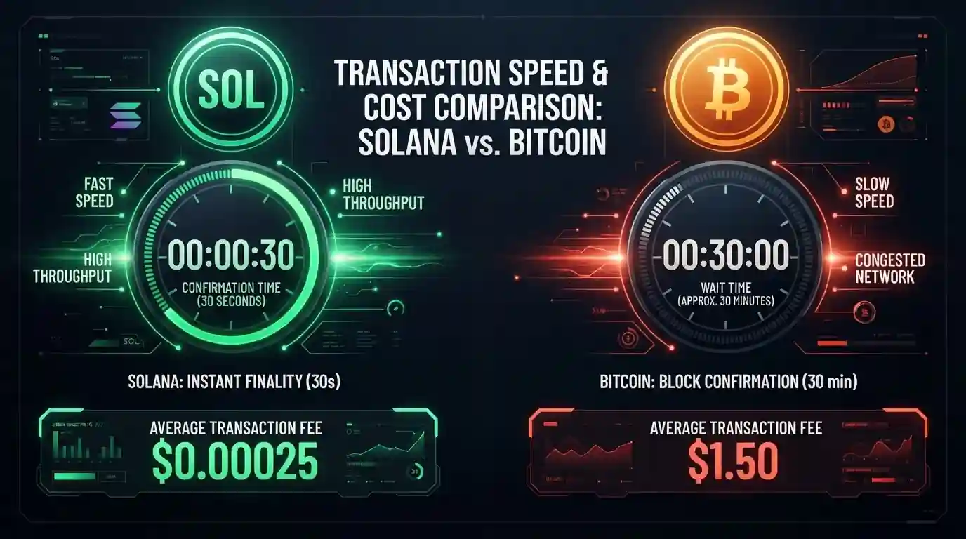 Side-by-side speed comparison showing Solana 30-second confirmation versus Bitcoin 30-minute wait with clock graphics and cryptocurrency logos