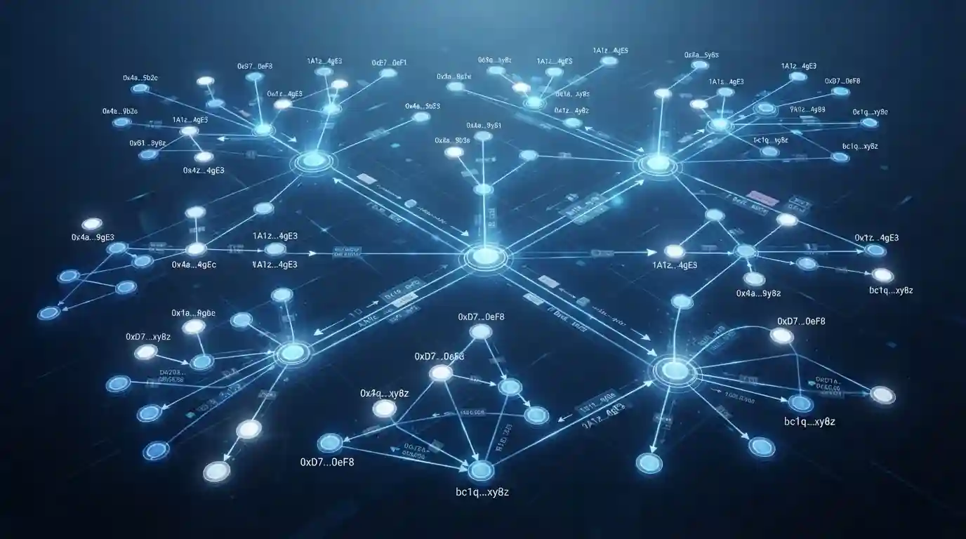Blockchain transaction visualization showing public wallet addresses and transaction flow
