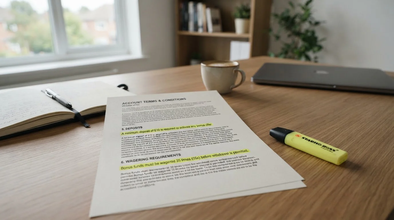 Welcome bonus terms document with highlighted minimum deposit threshold and wagering requirements