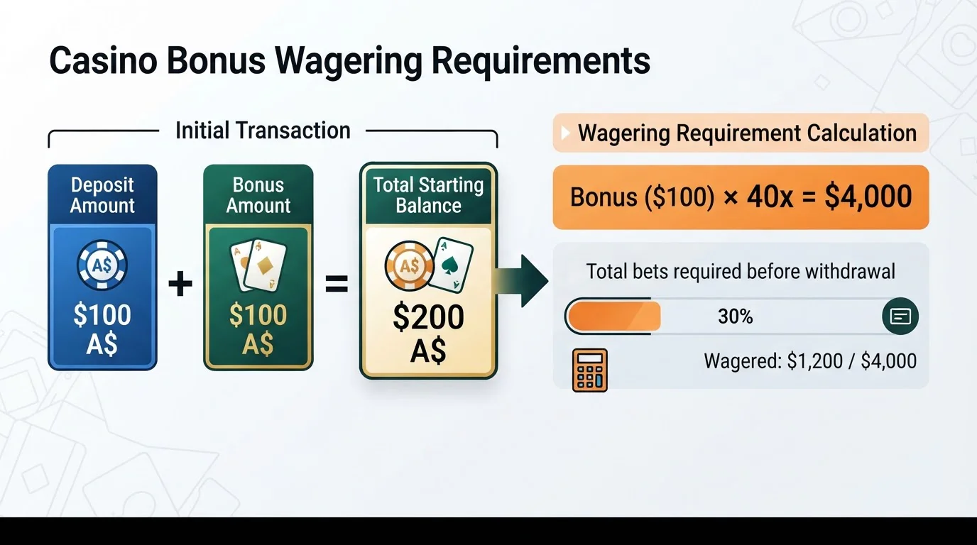 Bonus wagering requirement calculation showing deposit plus bonus equals total with rollover multiplier