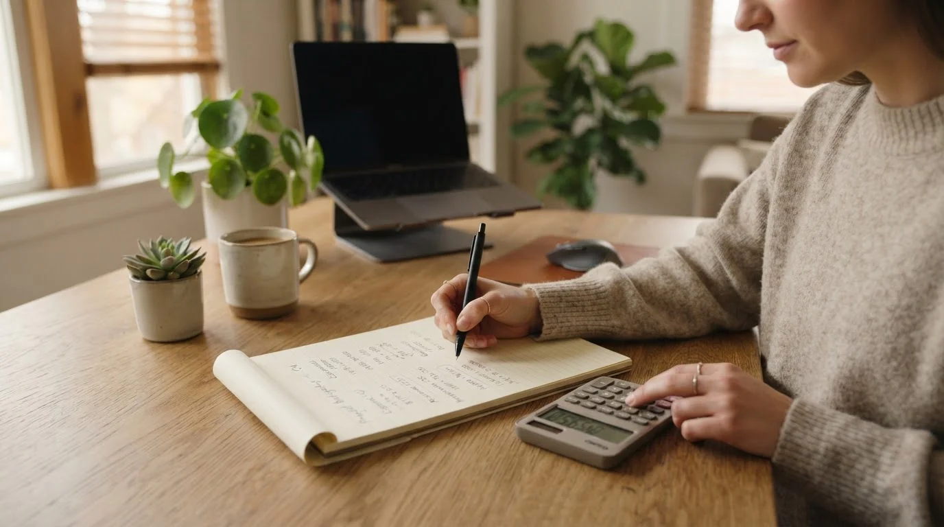 Person at desk with calculator and notepad working through bonus wagering calculations