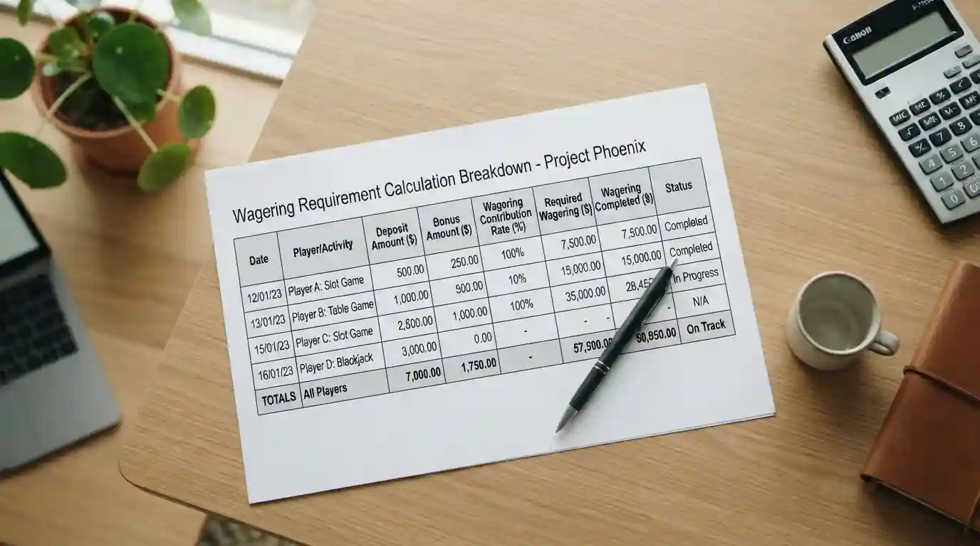 Document showing wagering requirement calculation with pen and calculator on desk