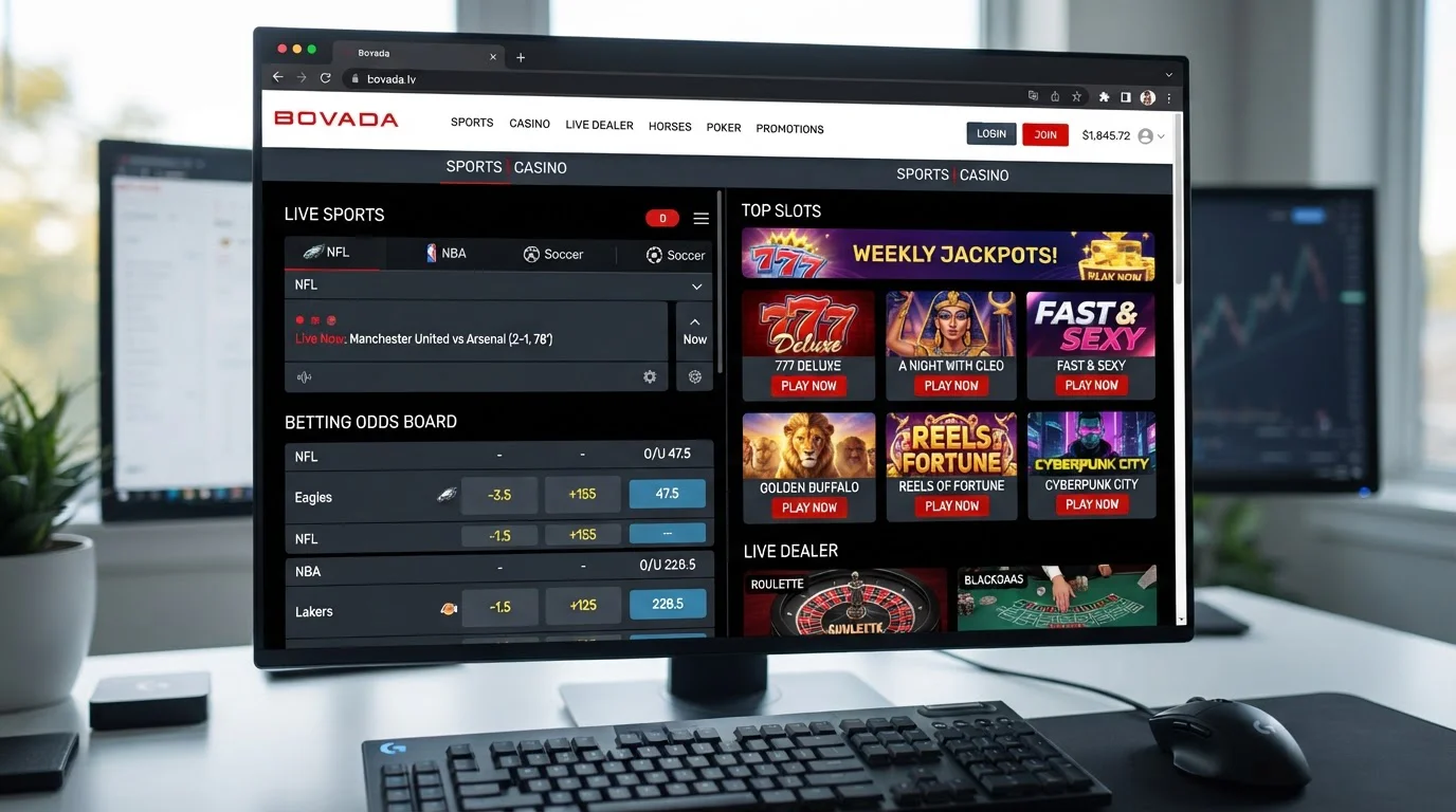 Bovada dual sportsbook and casino interface showing sports odds and slot games