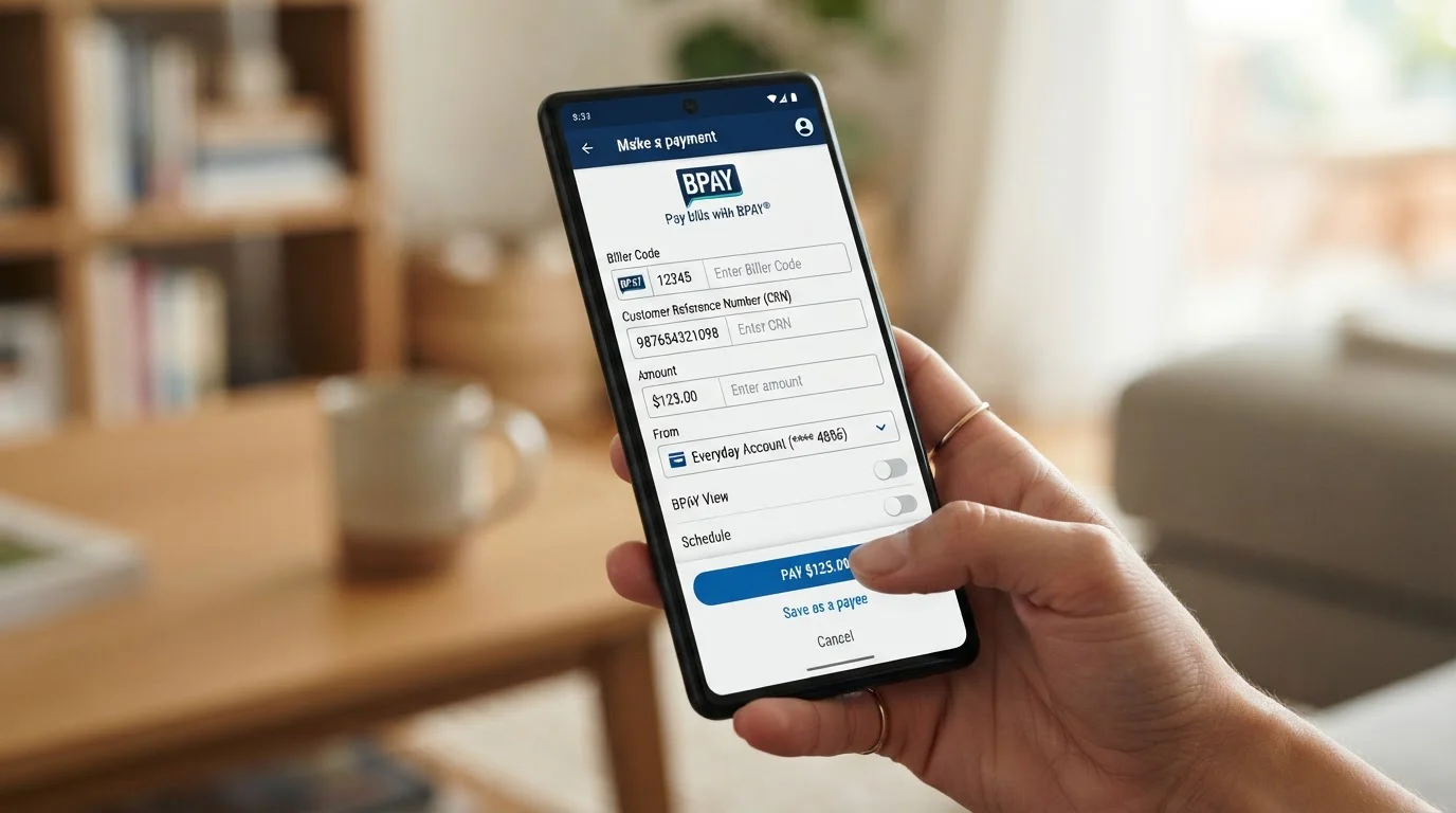 Close-up of smartphone showing BPAY bill payment screen with biller code and customer reference number fields