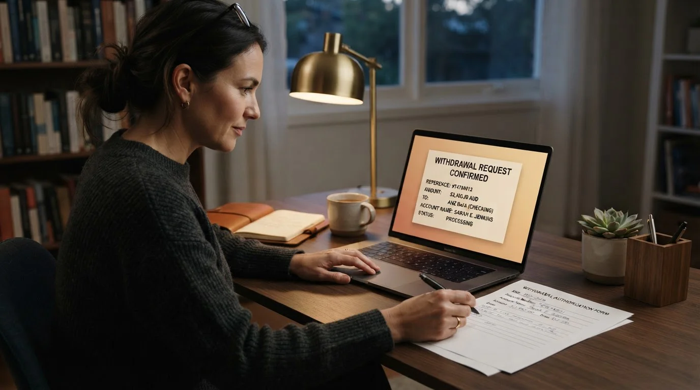 Person at desk reviewing withdrawal request confirmation on laptop screen with banking details form
