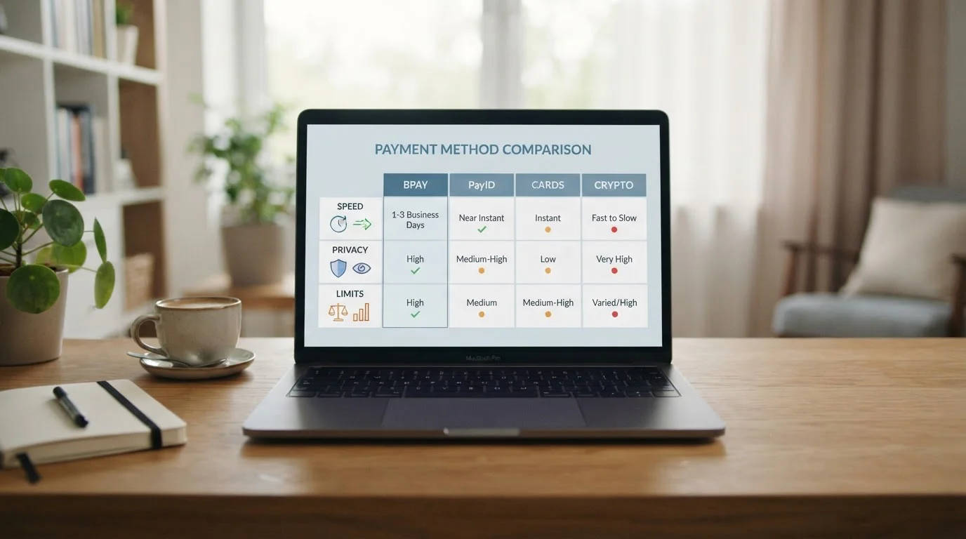 Comparison chart showing payment method speed, privacy and limits across BPAY, PayID, cards and crypto
