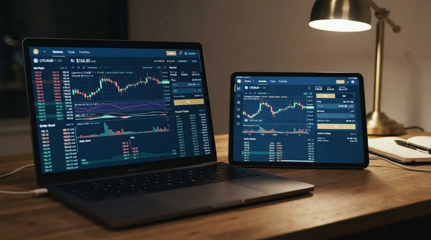 CoinSpot and Swyftx exchange interfaces showing Litecoin purchase options in Australian dollars