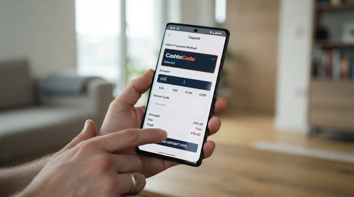 Smartphone displaying casino cashier page with CashtoCode deposit form