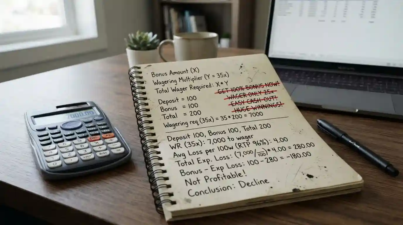 Calculator and notepad showing bonus wagering requirement calculation with crossed-out promotional text