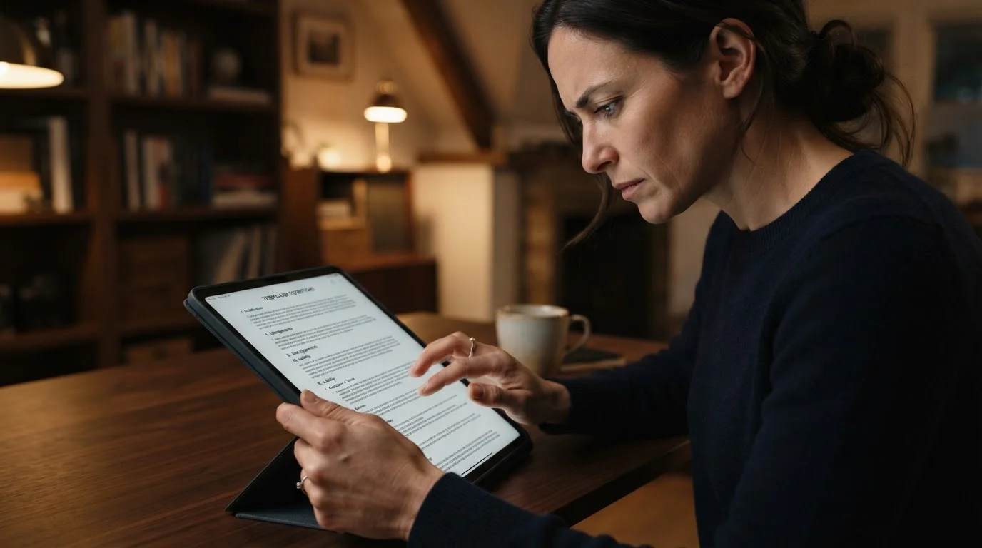 Close-up of person reading document on tablet showing terms and conditions