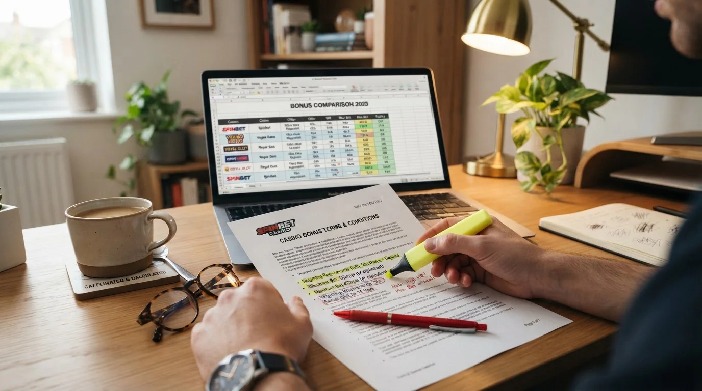 Casino bonus terms document with highlighter marking wagering requirements and red pen underlining clauses